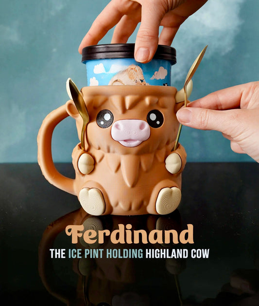 Ferdinand Highland Cow Ice Cream Pint Holder – 3D Printed with Spoon Slots & Snack Drawer