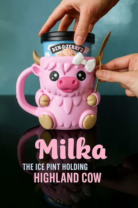 Milka Ice Cream Pint Holder the Highland Cow with Spoon Slots