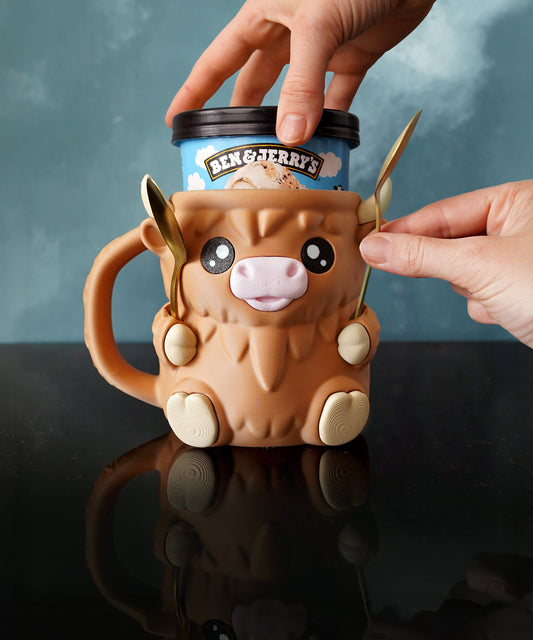 Milka Ice Cream Pint Holder the Highland Cow with Spoon Slots