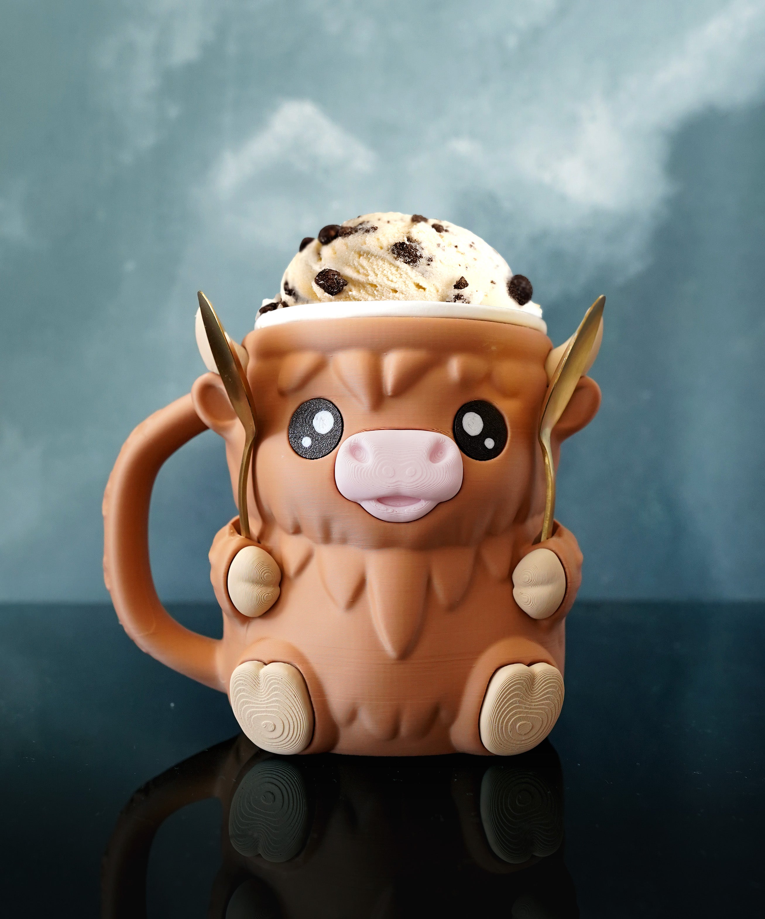 Ferdinand Highland Cow Ice Cream Pint Holder – 3D Printed with Spoon Slots & Snack Drawer