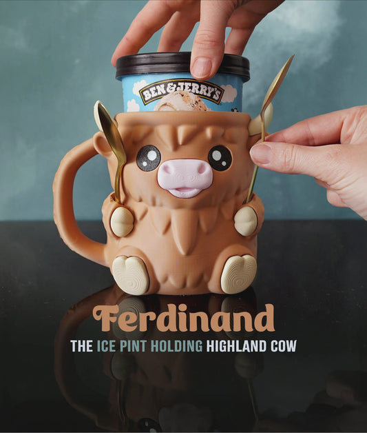 Ferdinand Highland Cow Ice Cream Pint Holder – 3D Printed with Spoon Slots & Snack Drawer