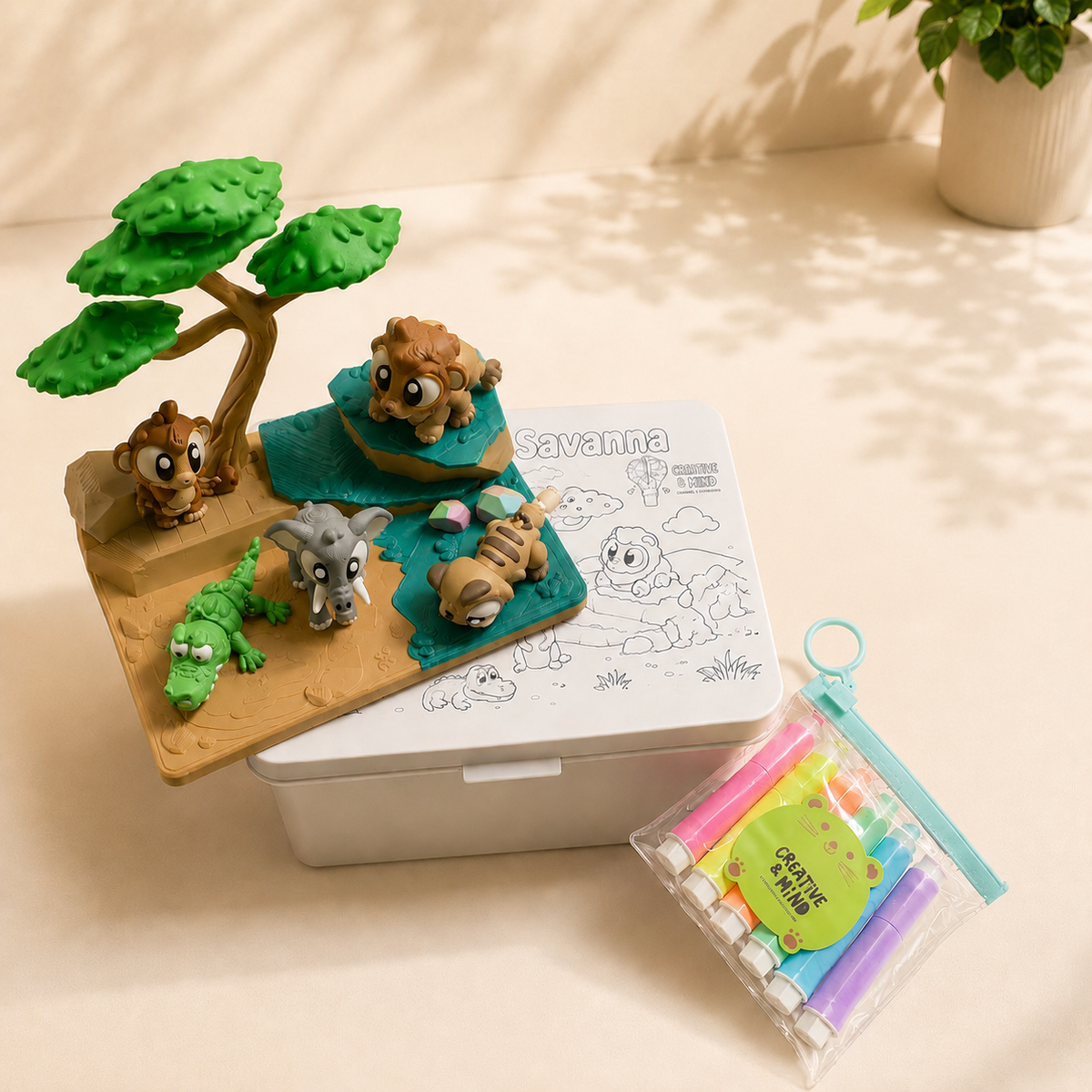 Savanna Stories | Safari Animal Play Set & Coloring Kit