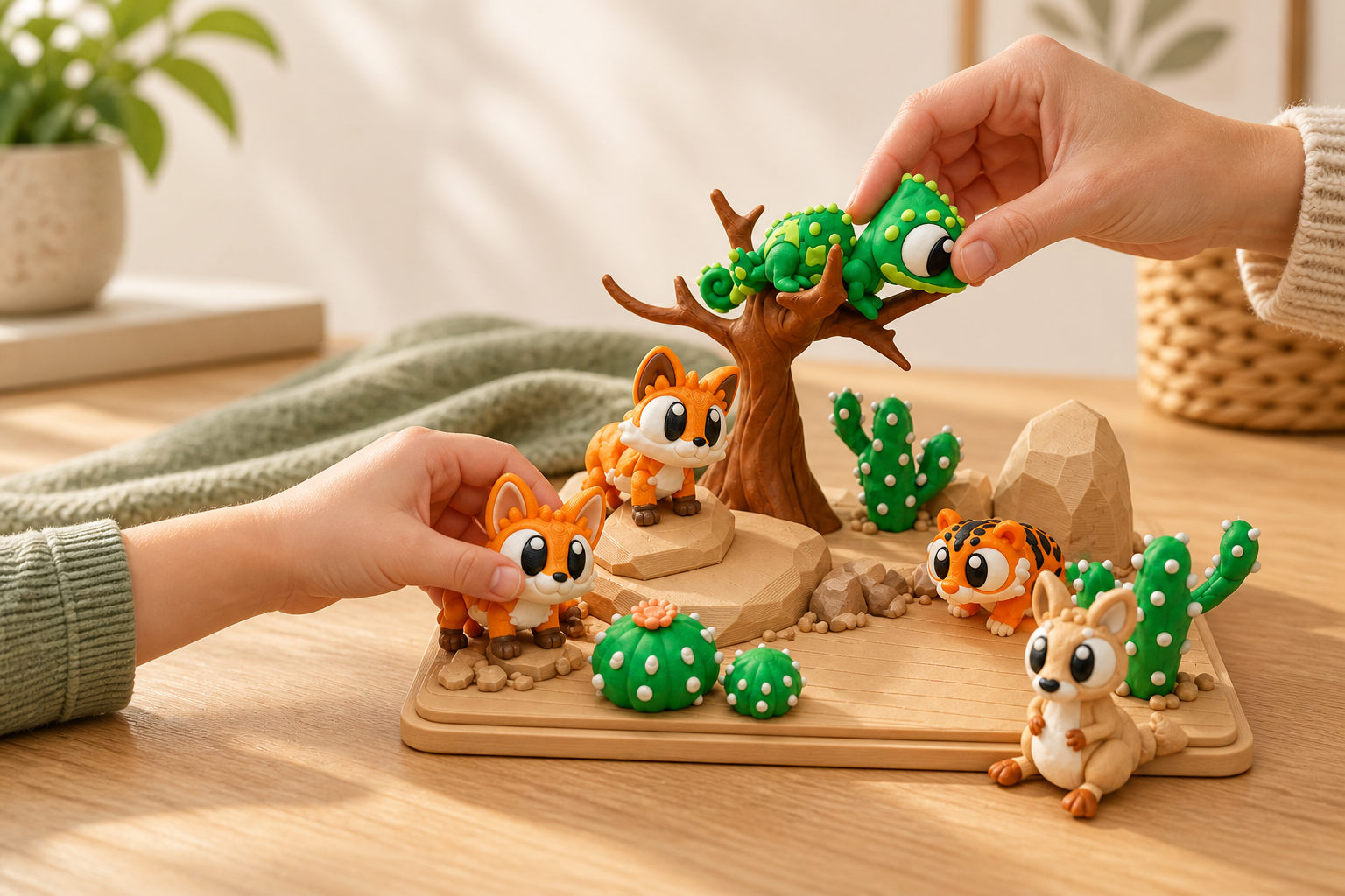 Adult and child exploring the Creative & Mind Desert Discovery play set together